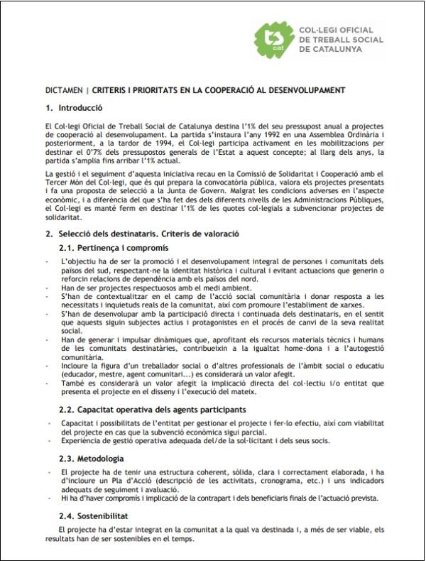 "Dictamen sobre els criteris i prioritats en la cooperació al desenvolupament"